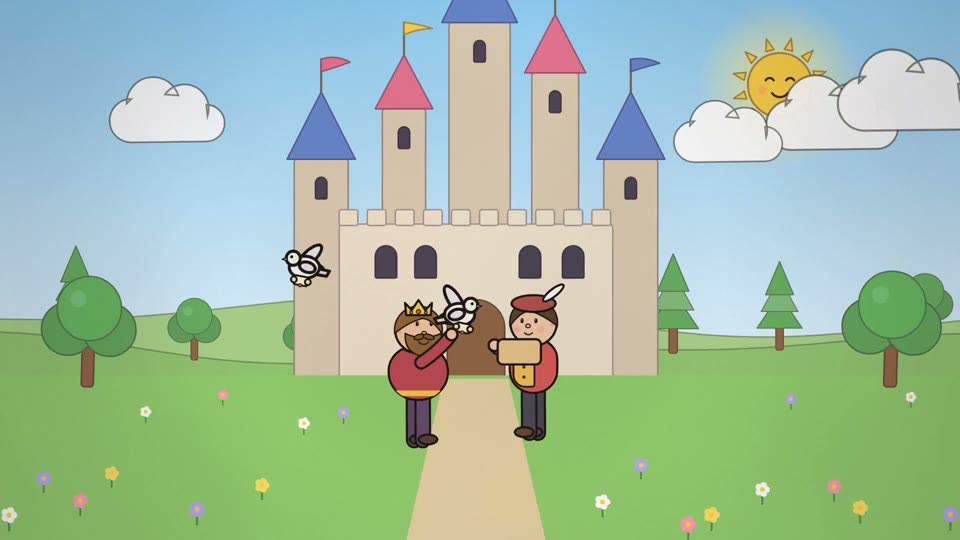 A king and a messenger outside a storybook castle